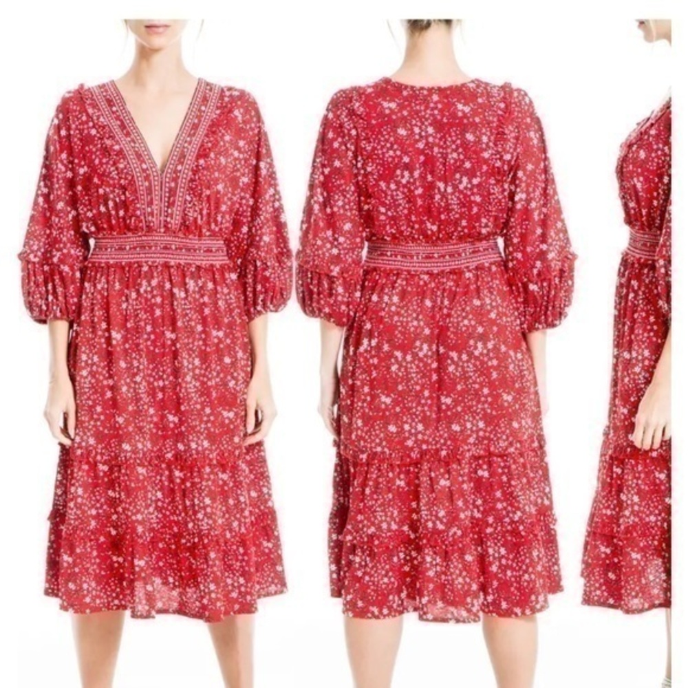 Max Studio Moss Crepe Jersey Short Tiered Sleeve Dress